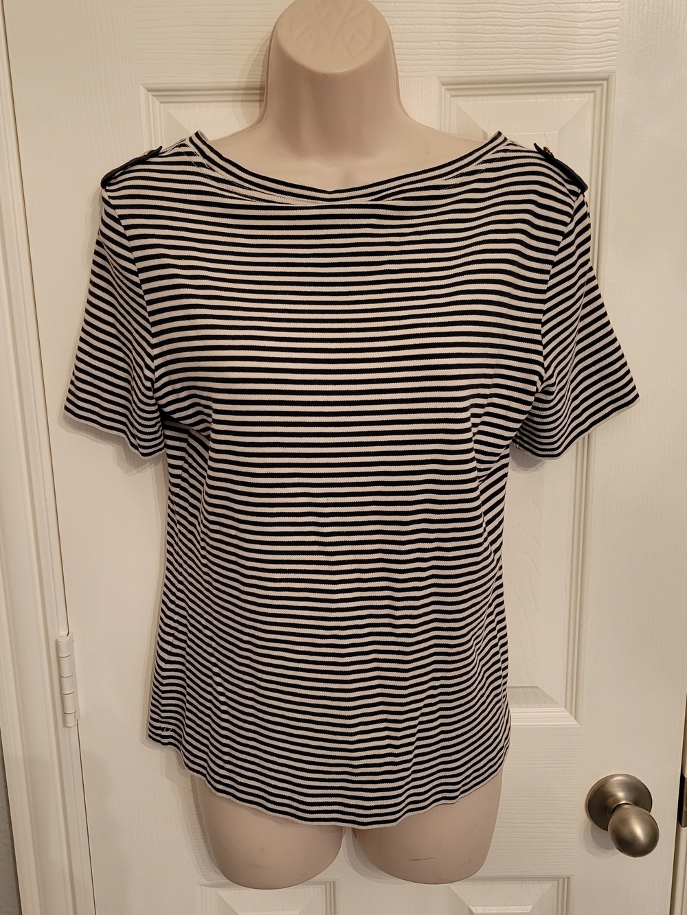 Tory Burch Black & White Striped Short Sleeve Boatneck Top